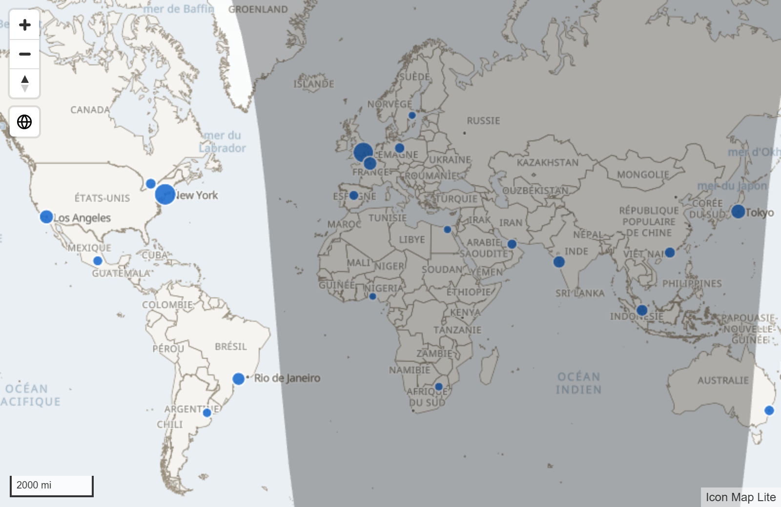 Une carte du monde avec le côté nuit ombré en sombre, et les cercles des données du rapport de part et d'autre de la ligne