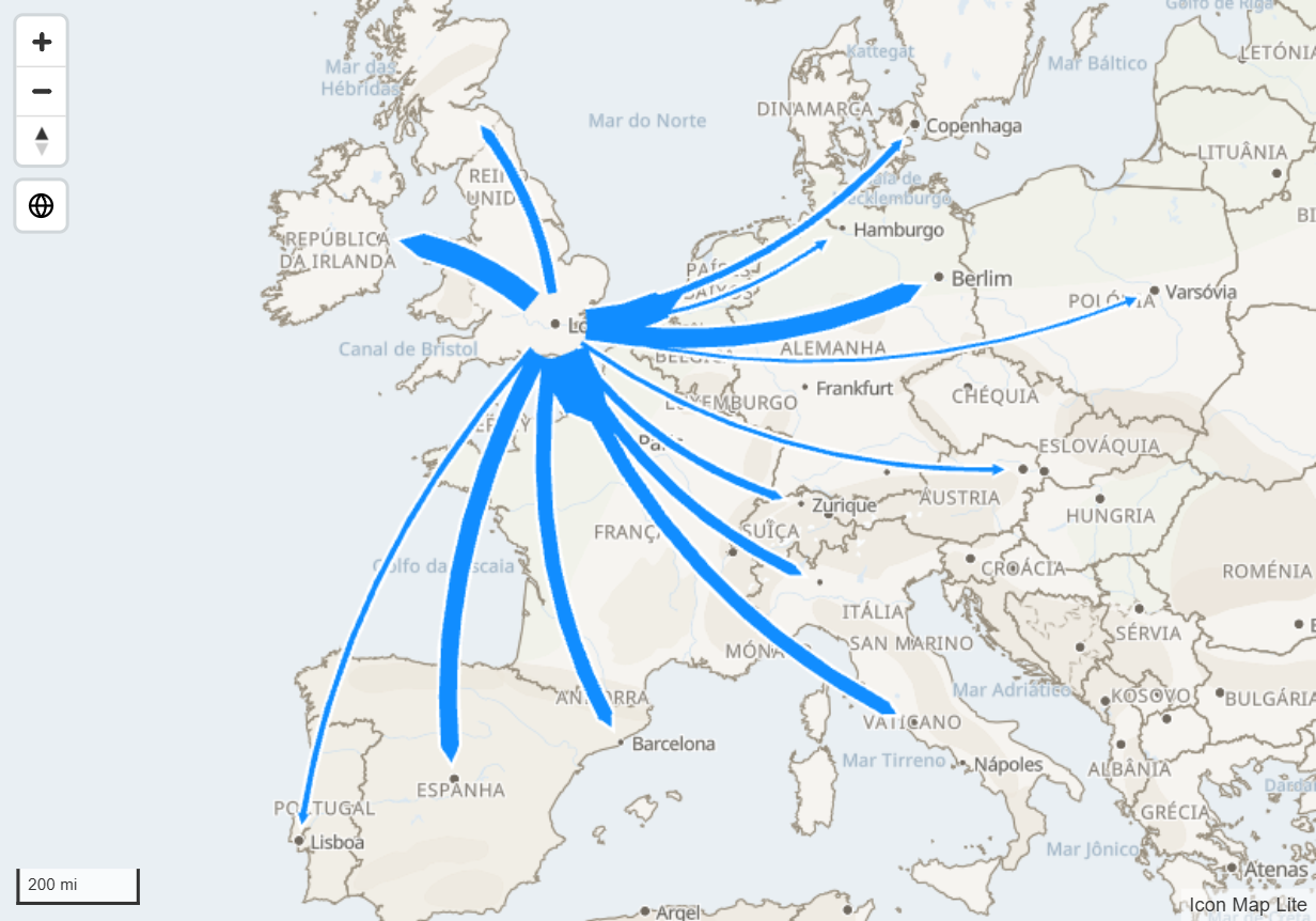Setas curvas que se abrem em leque de Londres para destinos em toda a Europa