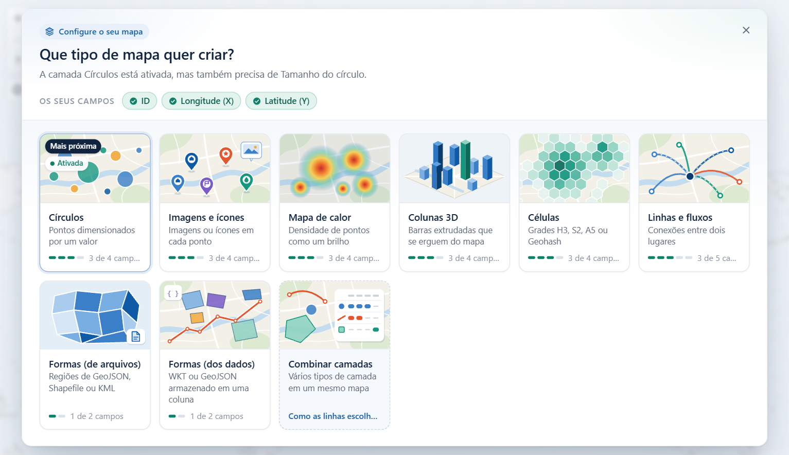 O guia de camadas sobre o mapa, com o título Que tipo de mapa quer criar e um bloco para cada tipo de camada