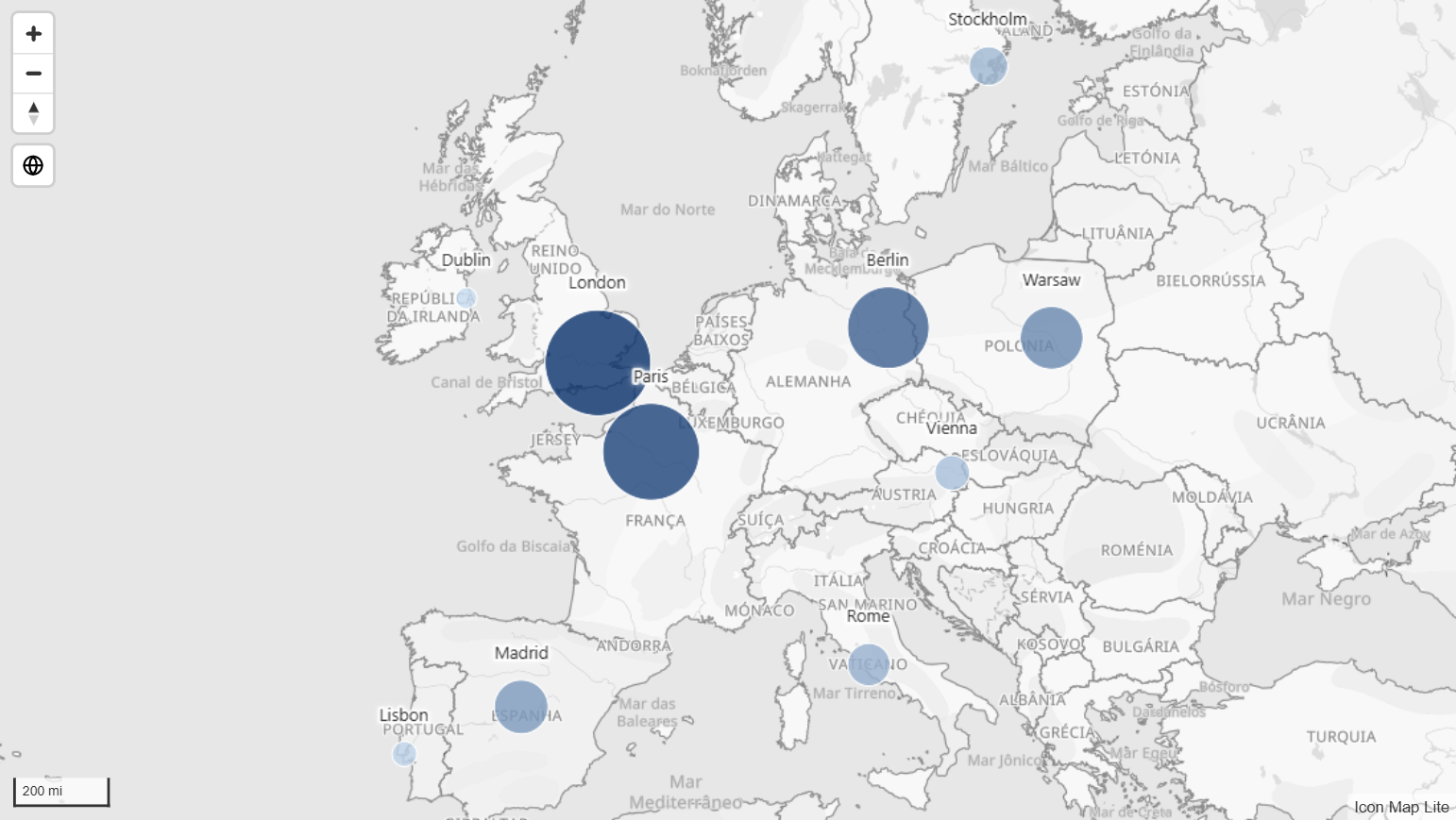 O mapa pronto: dez capitais europeias desenhadas como círculos dimensionados e coloridos pelas vendas, cada um rotulado com o nome da cidade, sobre o mapa de fundo Monocromático claro