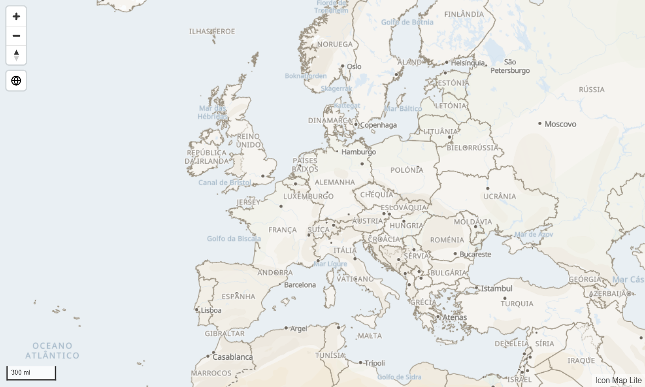 O tema integrado Claro sobre a Europa no nível de zoom 3, o mais detalhado, com fronteiras de países e rótulos de países, algumas cidades e mares