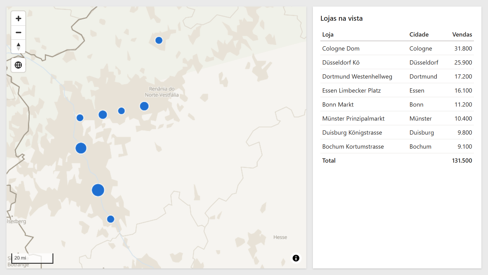 Uma página de relatório com o mapa aproximado em uma região e uma tabela ao lado que lista somente as lojas dentro da vista do mapa