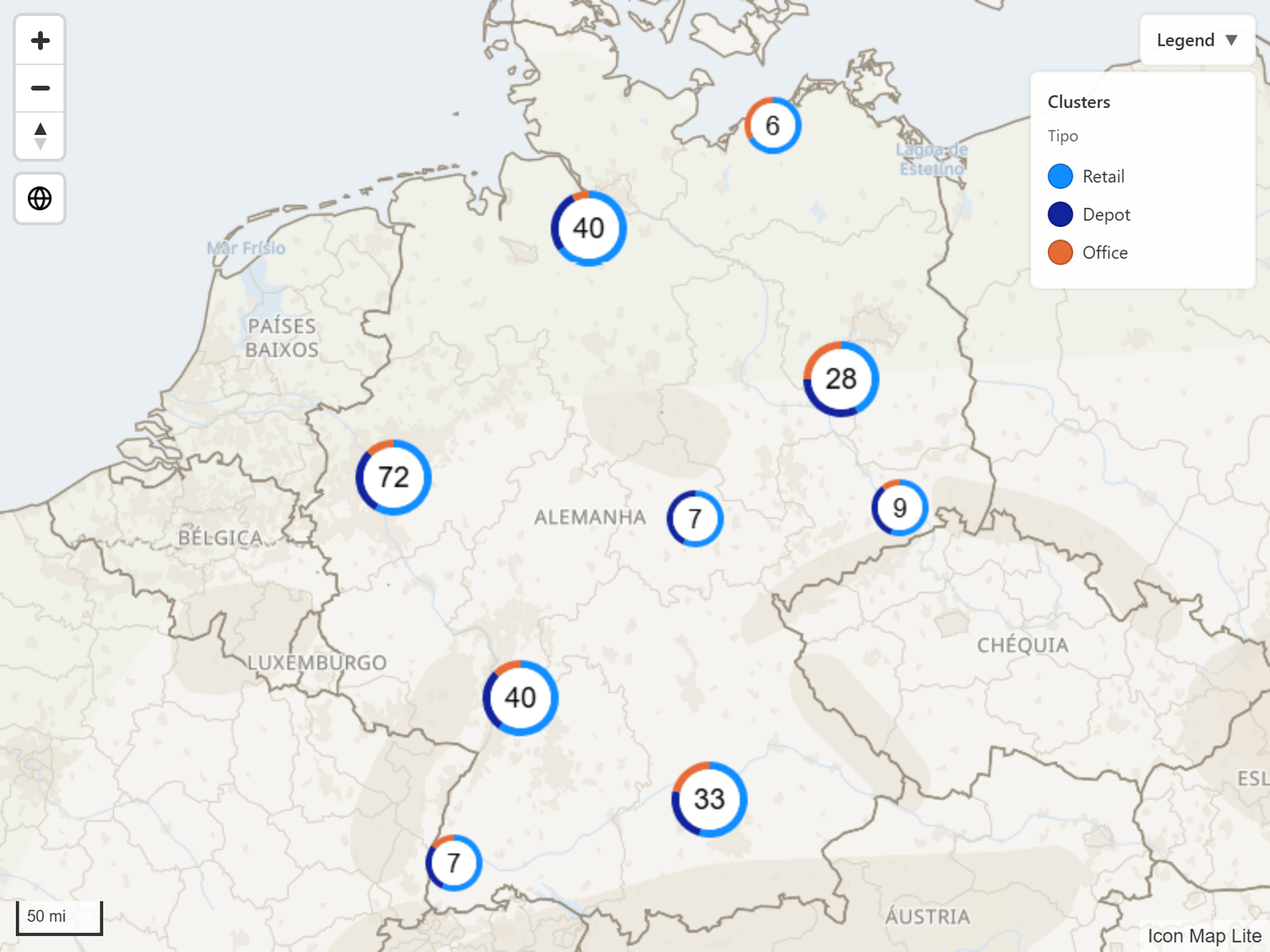 Um mapa de círculos em clusters com um painel de legenda no canto superior direito que lista cada categoria com a sua cor