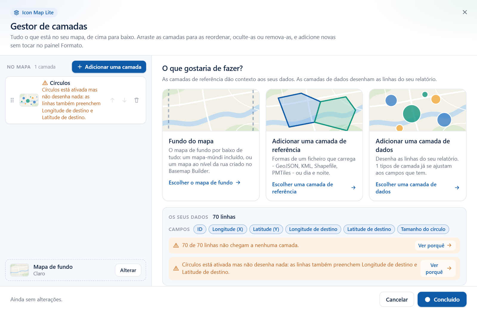 A lista do Gestor de camadas com um ícone de aviso em uma camada de dados que está ativada mas não desenha nada, e a linha correspondente no painel Os seus dados
