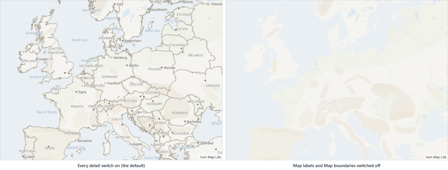 The Light theme over Europe with country names and borders on, and the same view with only land and sea left