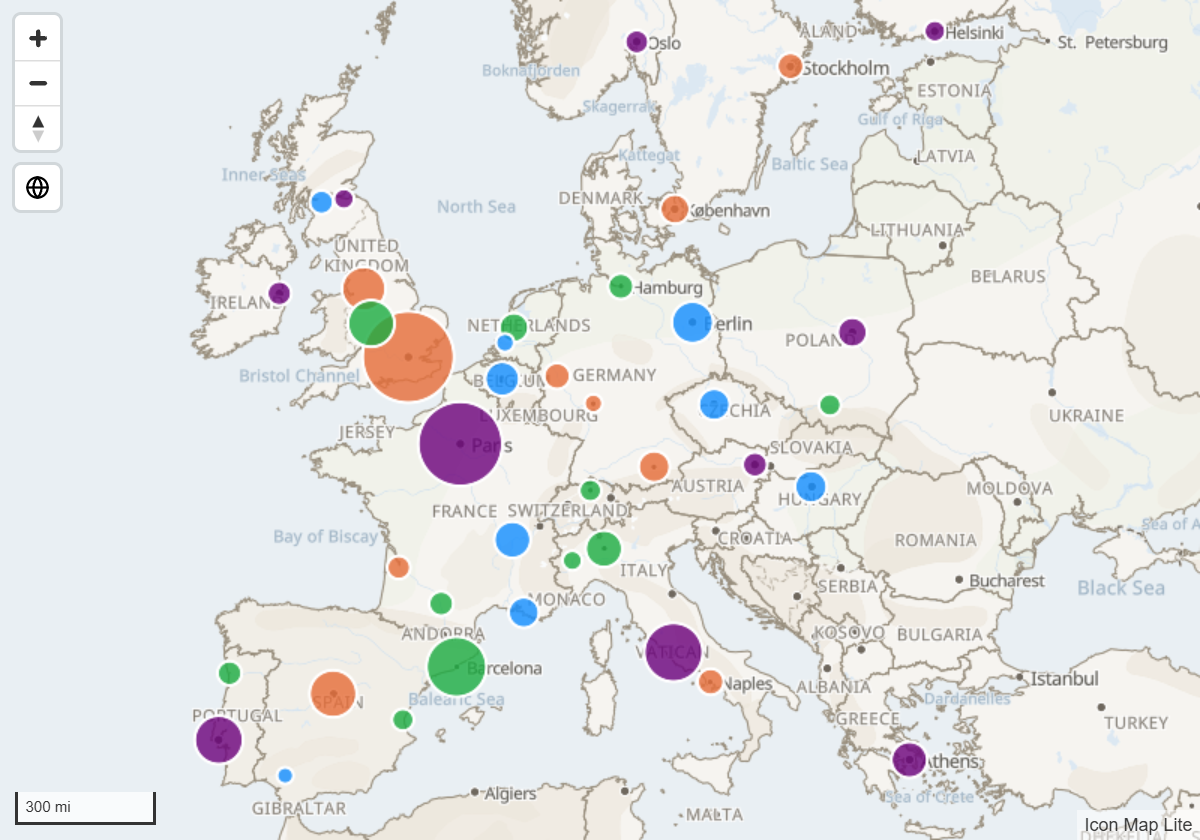 Circles of different sizes and colors at cities across Europe