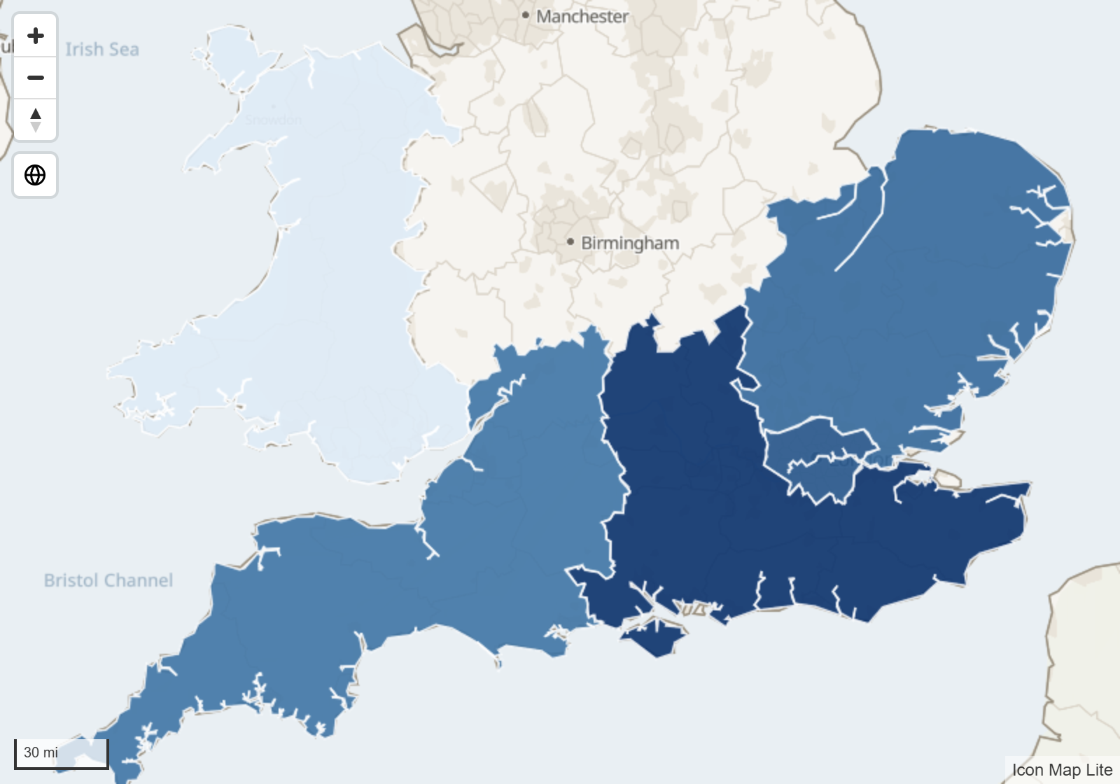 Points counted into regions, each colored by its total
