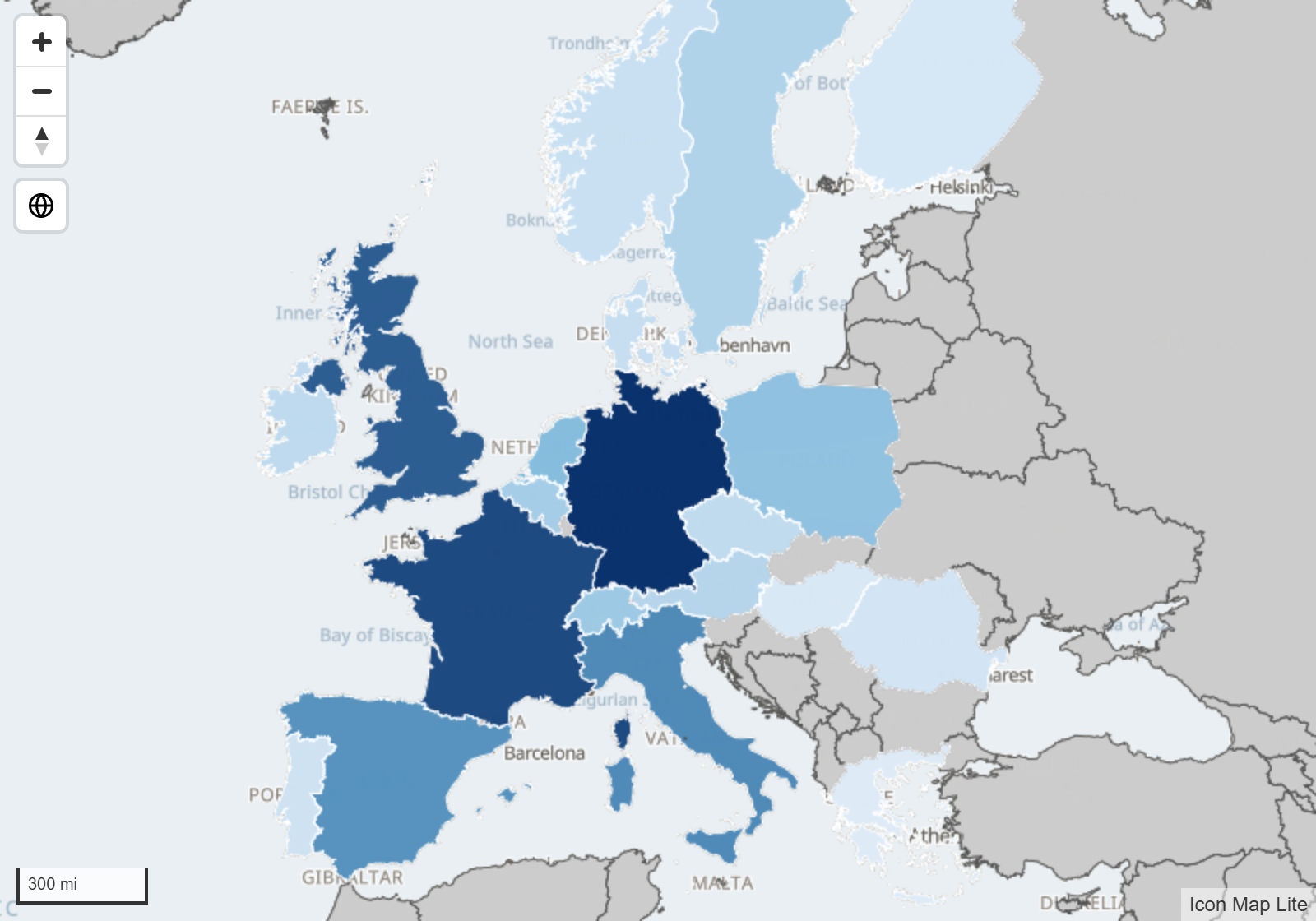 Countries of Europe colored from light to dark blue by a measure