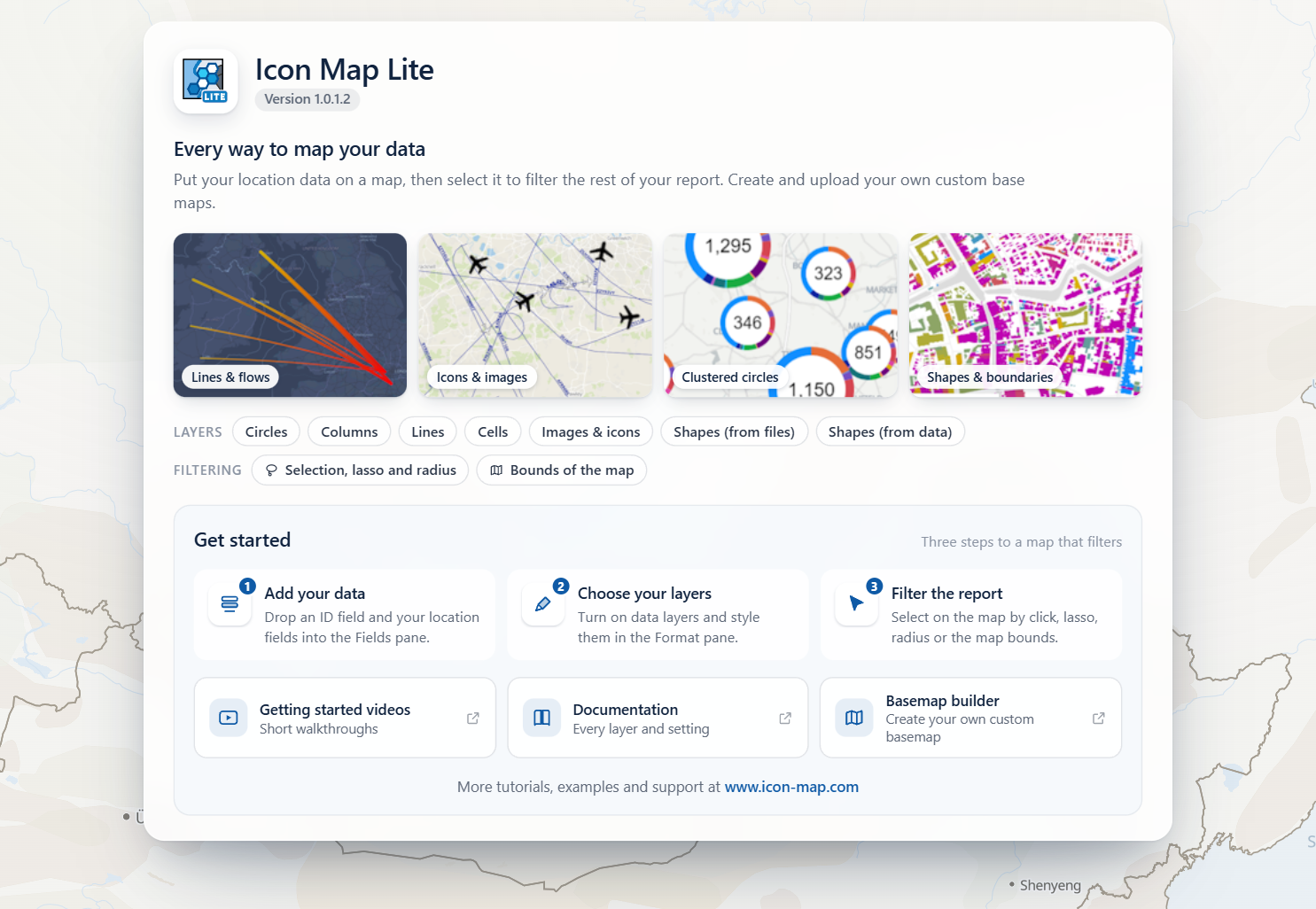 The Icon Map Lite start page in an empty visual: a live world map behind a panel with example maps, the layer and filtering options, and a Get started panel