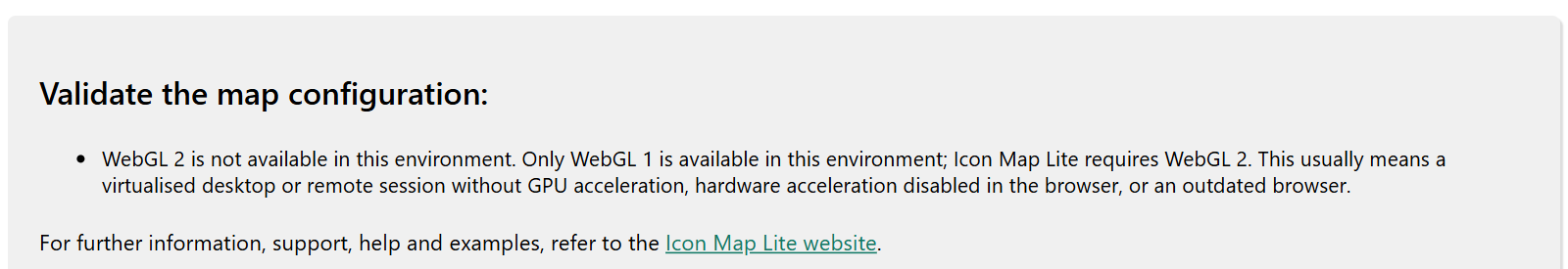 The message shown in the visual when WebGL 2 is not available