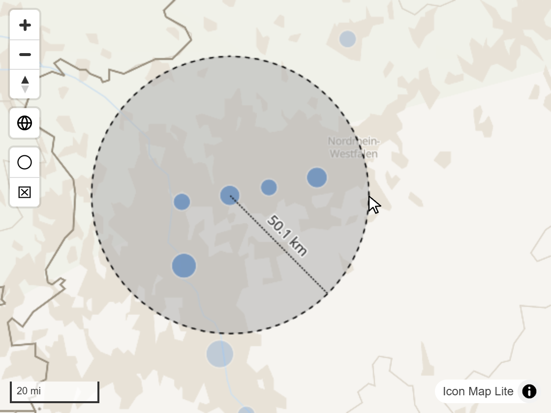 The circle select tool in use: a circle being dragged out from a center point, with the radius shown in kilometers