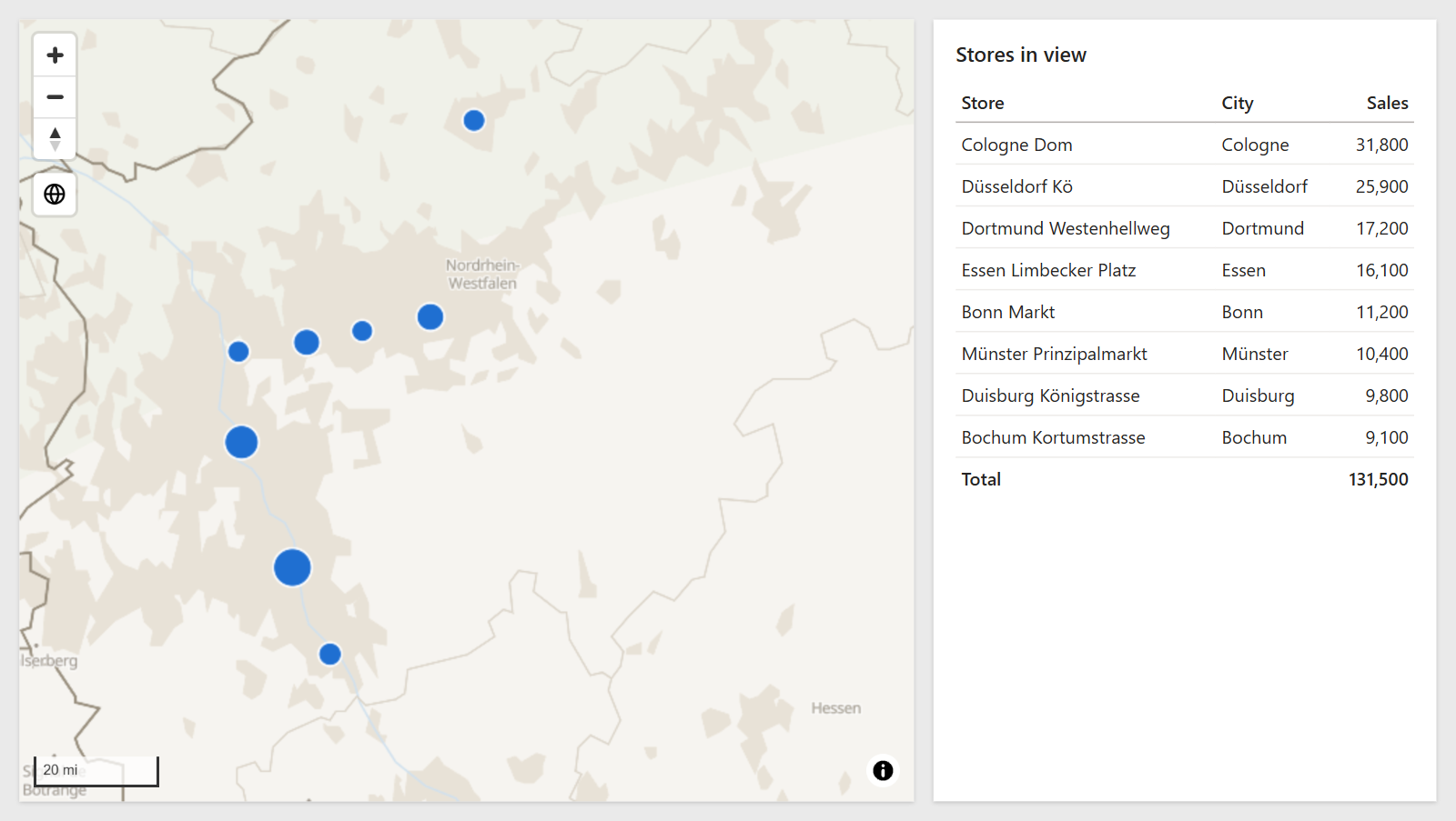 A report page with the map zoomed in on one region and a table beside it listing only the stores inside the map's view