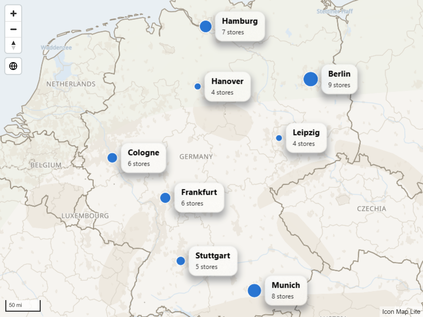 Labels drawn as light frosted cards that blur the map behind them