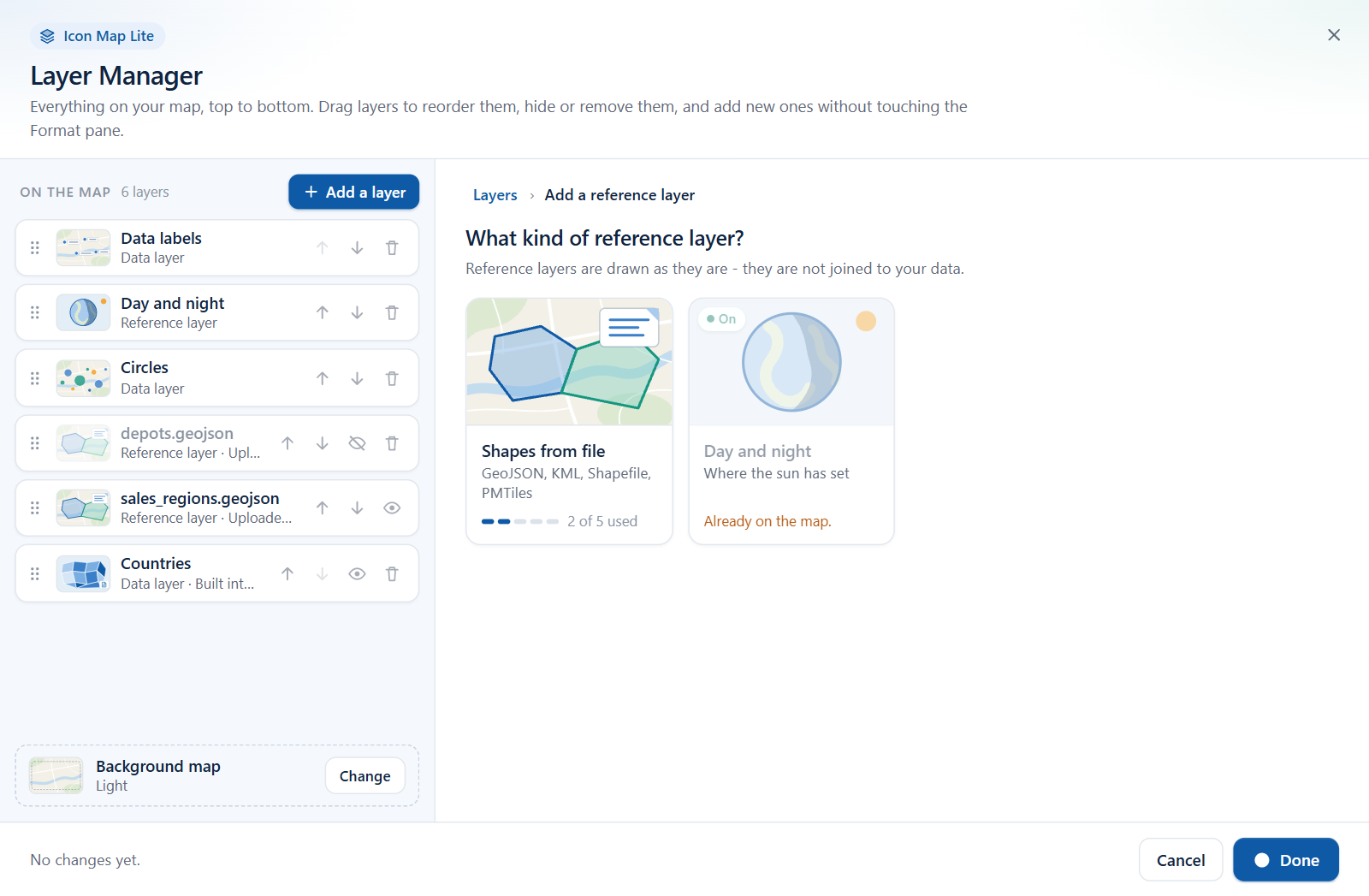 The reference layer picker, with the Shapes from file and Day and night tiles