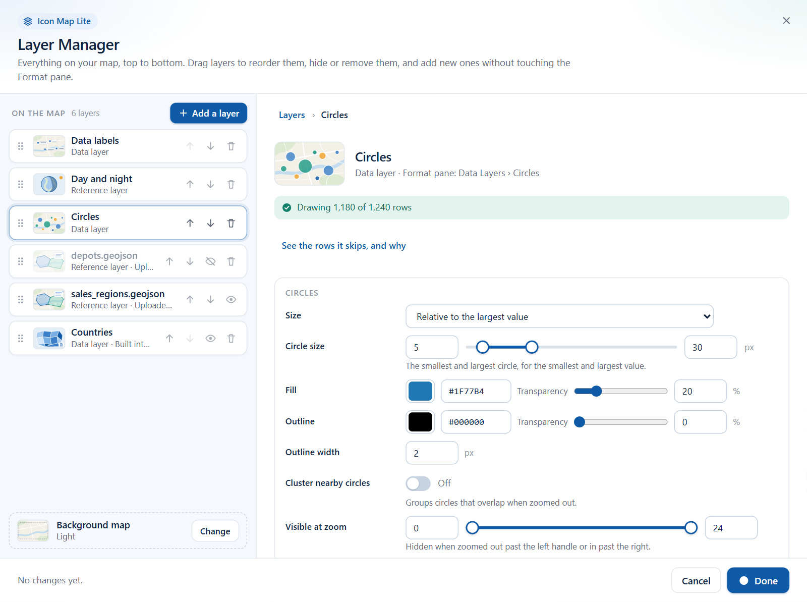 The editor for a Circles layer, with size, fill, outline, clustering and zoom fields