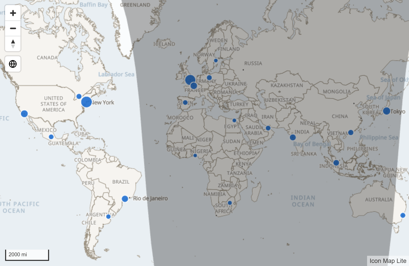 A world map with the night side shaded dark, and circles from the report's data on both sides of the line