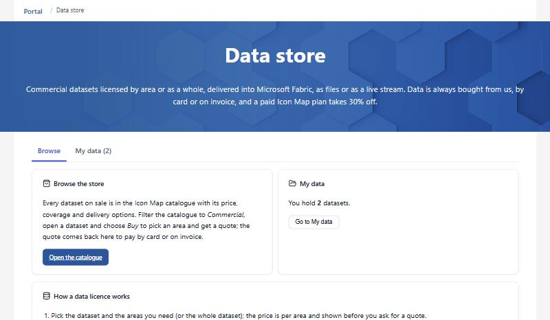 The Data store page with Browse and My data tabs, Browse the store, My data and How a data license works