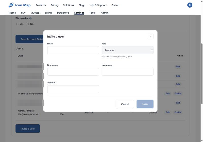 Settings, Account & Users: the users table with Owner, License manager and Member roles, and the Invite a user dialog open