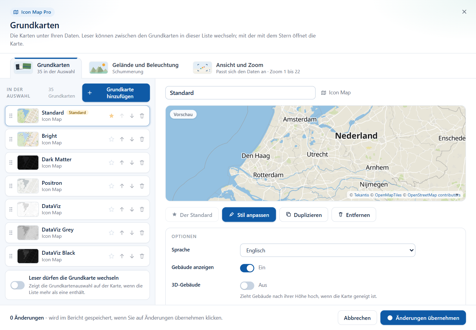 Der Dialog beim ersten Öffnen mit allen Icon Map-Stilen, Standard ist mit dem Stern markiert