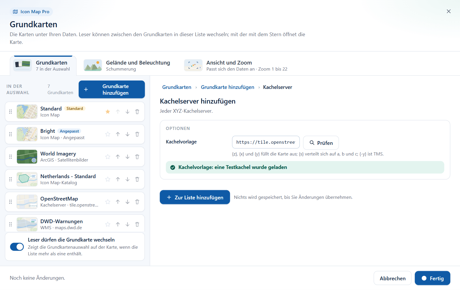 Das Formular Kachelserver im Grundkarten-Dialog nach einer erfolgreichen Prüfung