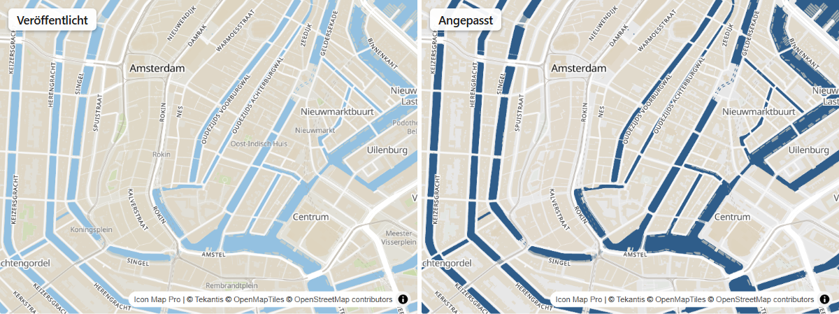 Der Stil Standard vor und nach dem Anpassen: gedämpftes Land, dunkleres Wasser und keine Points of Interest