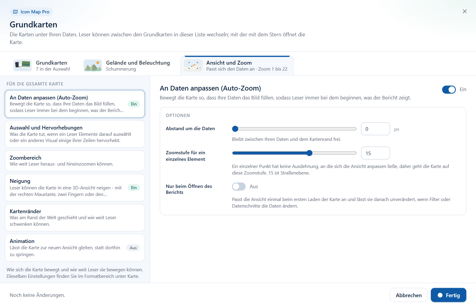 Die Registerkarte Ansicht und Zoom des Grundkarten-Dialogs mit dem Abschnitt An Daten anpassen