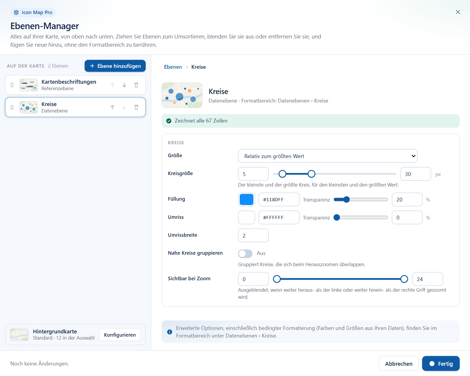 Der Editor für Kreise im Ebenen-Manager