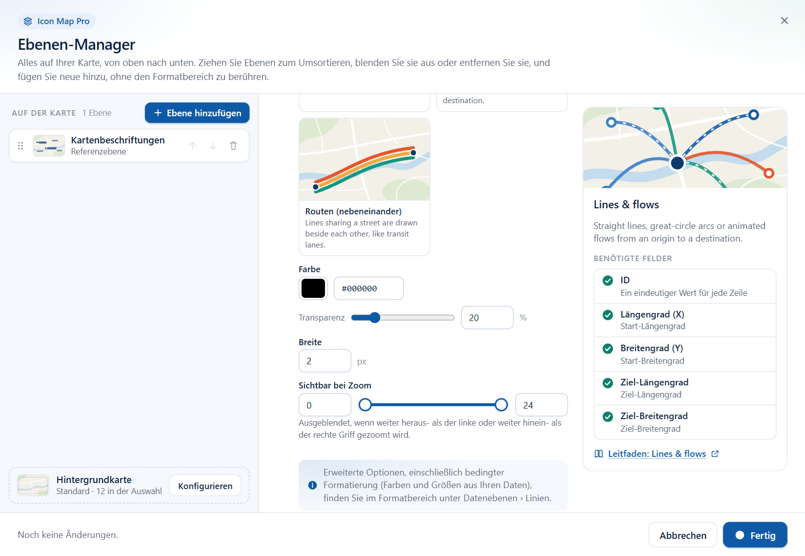 Der Assistent zum Hinzufügen im Ebenen-Manager für Linien und Flüsse, mit den Optionen Farbe, Breite und Sichtbar bei Zoom und der Liste der Felder, die die Ebene benötigt