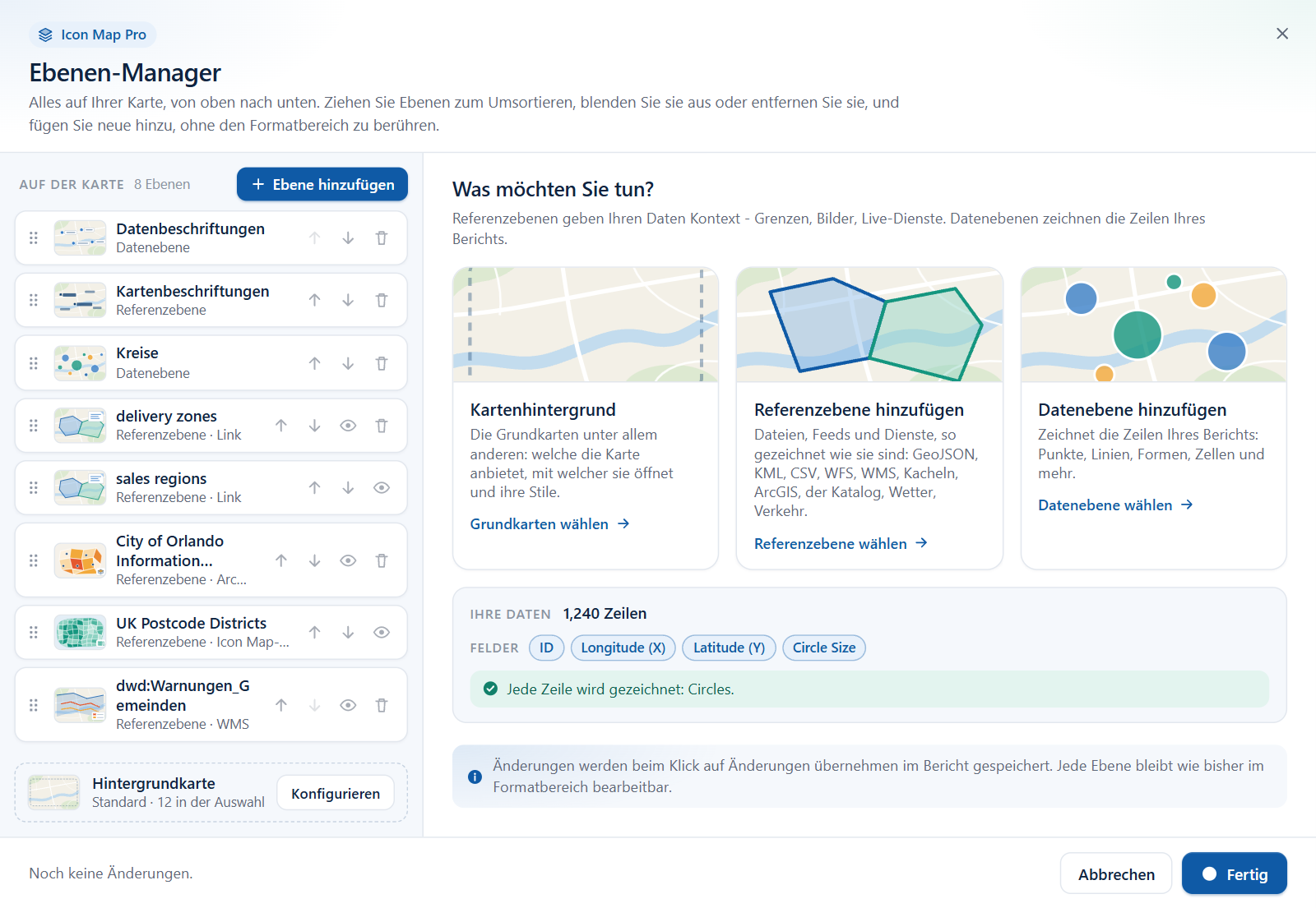 Der Dialog Ebenen-Manager mit der Liste der Ebenen einer Karte und der Startansicht, die das Hinzufügen einer Referenzebene oder einer Datenebene anbietet