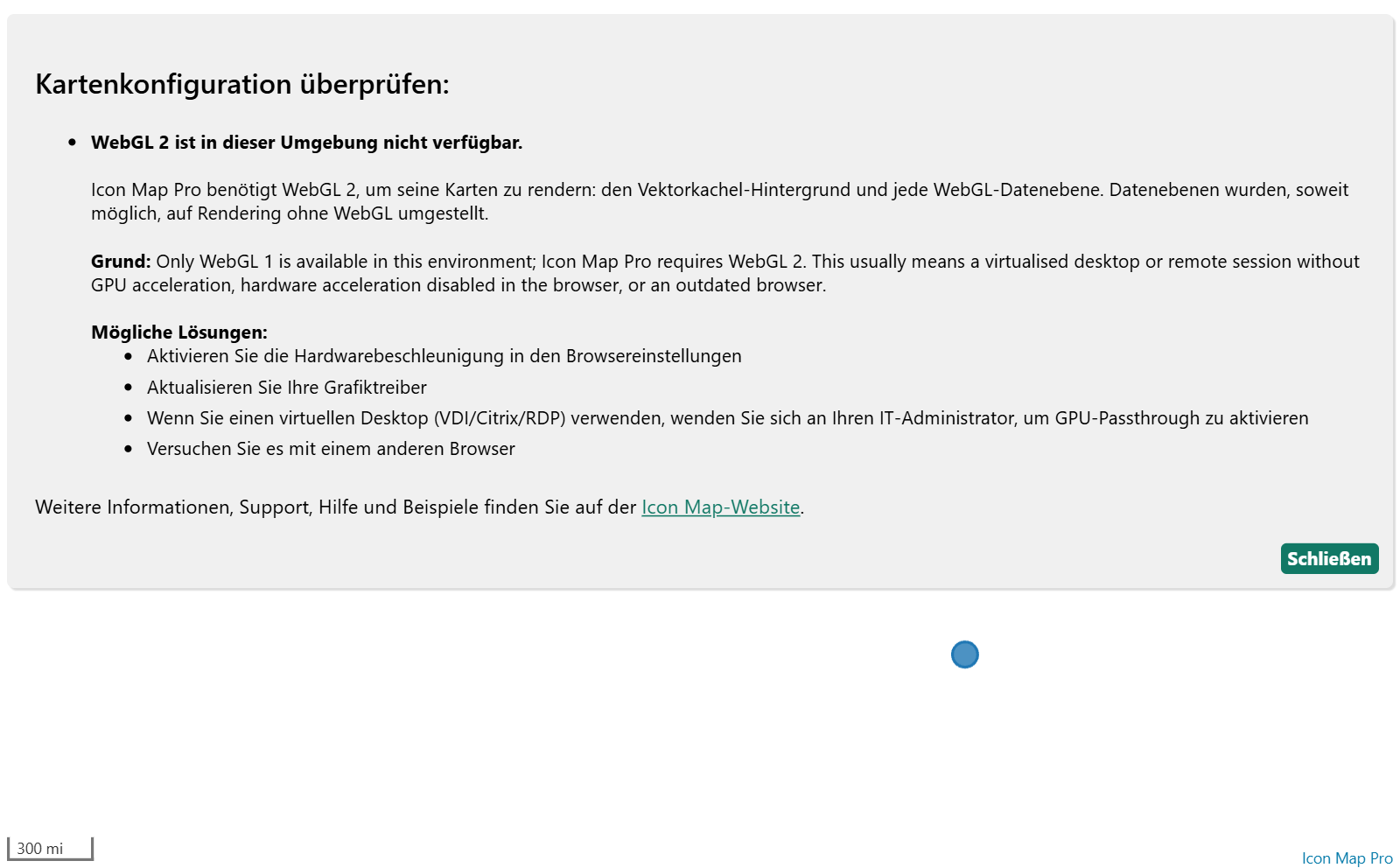 Die Meldung, die auf der Karte erscheint, wenn WebGL 2 nicht verfügbar ist, mit ihrer Liste möglicher Lösungen