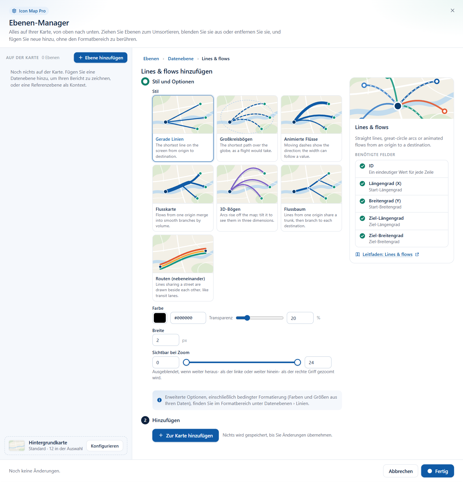 Der Assistent für Linien und Flüsse mit der Auswahl Stil, die eine Kachel für jeden Linienstil zeigt