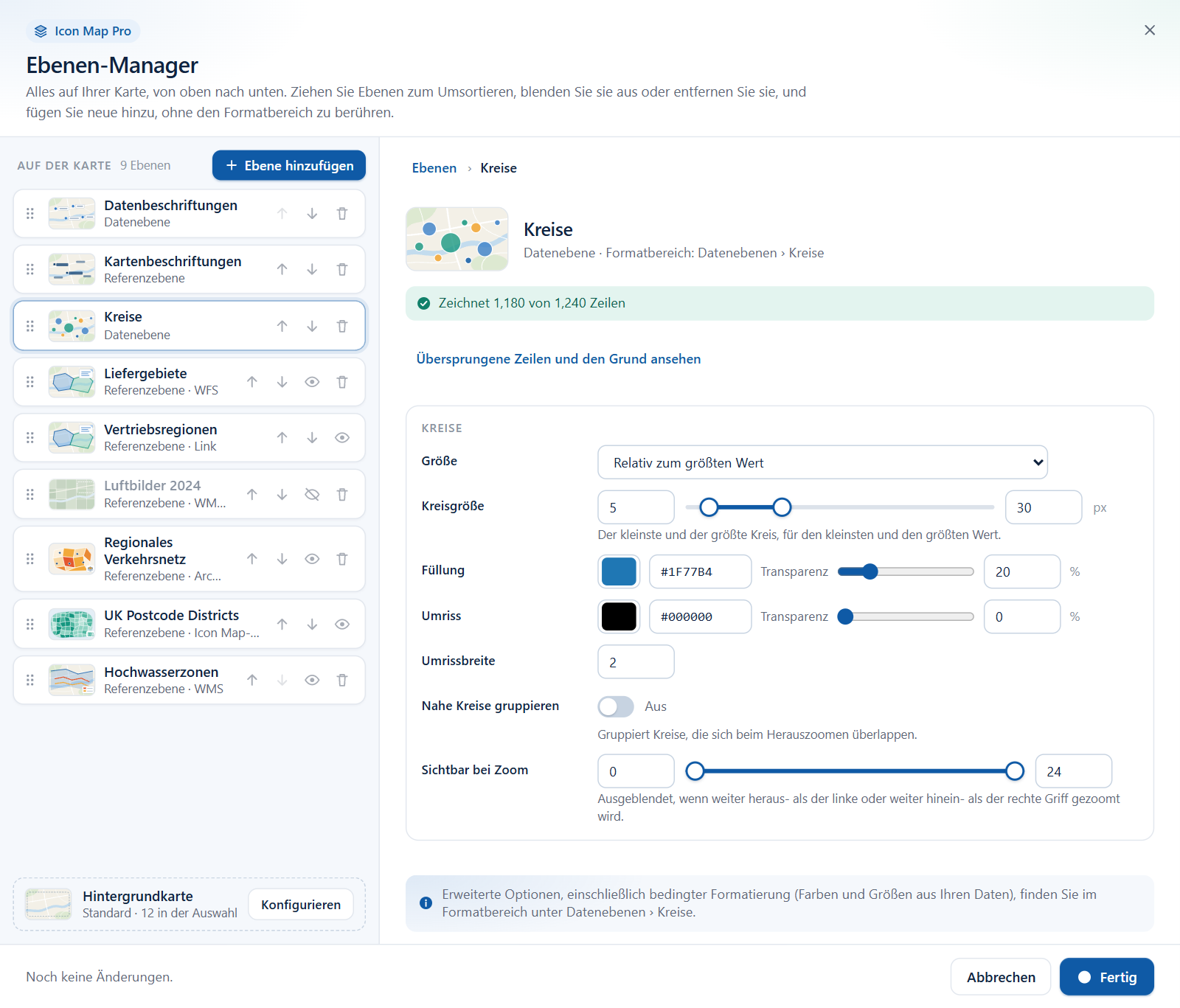Der Editor für eine Ebene Kreise, mit Feldern für Größe, Füllung, Umriss, Clustering und Zoom
