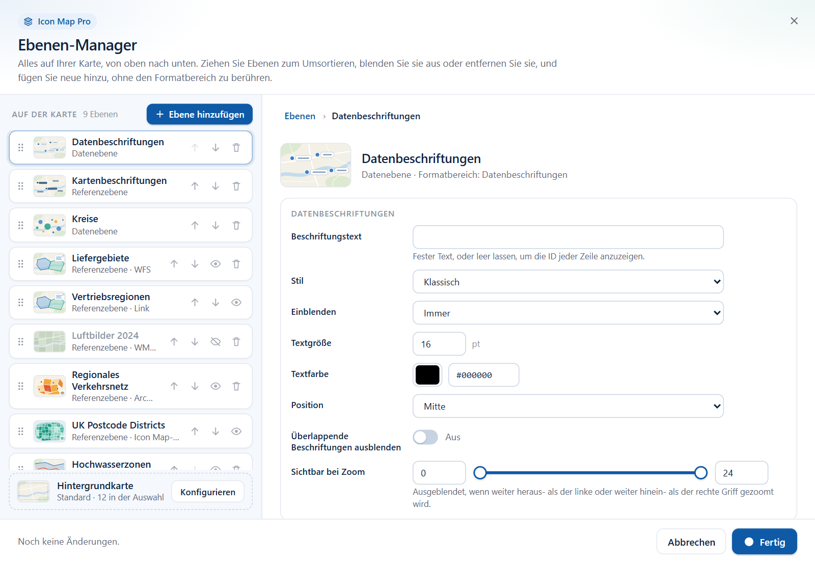 Der Editor für Datenbeschriftungen, mit Feldern für Beschriftungstext, Stil, Anzeigezeitpunkt, Größe, Farbe, Position und Zoom