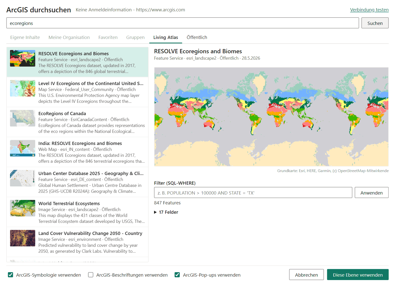 Das Fenster ArcGIS durchsuchen mit den Registerkarten, einer Ergebnisliste links und einer Vorschau des ausgewählten Feature-Layers rechts