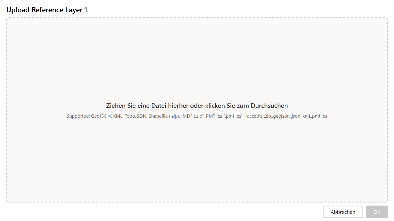 Das Upload-Fenster mit einem Ablagebereich und der Liste der unterstützten Dateitypen