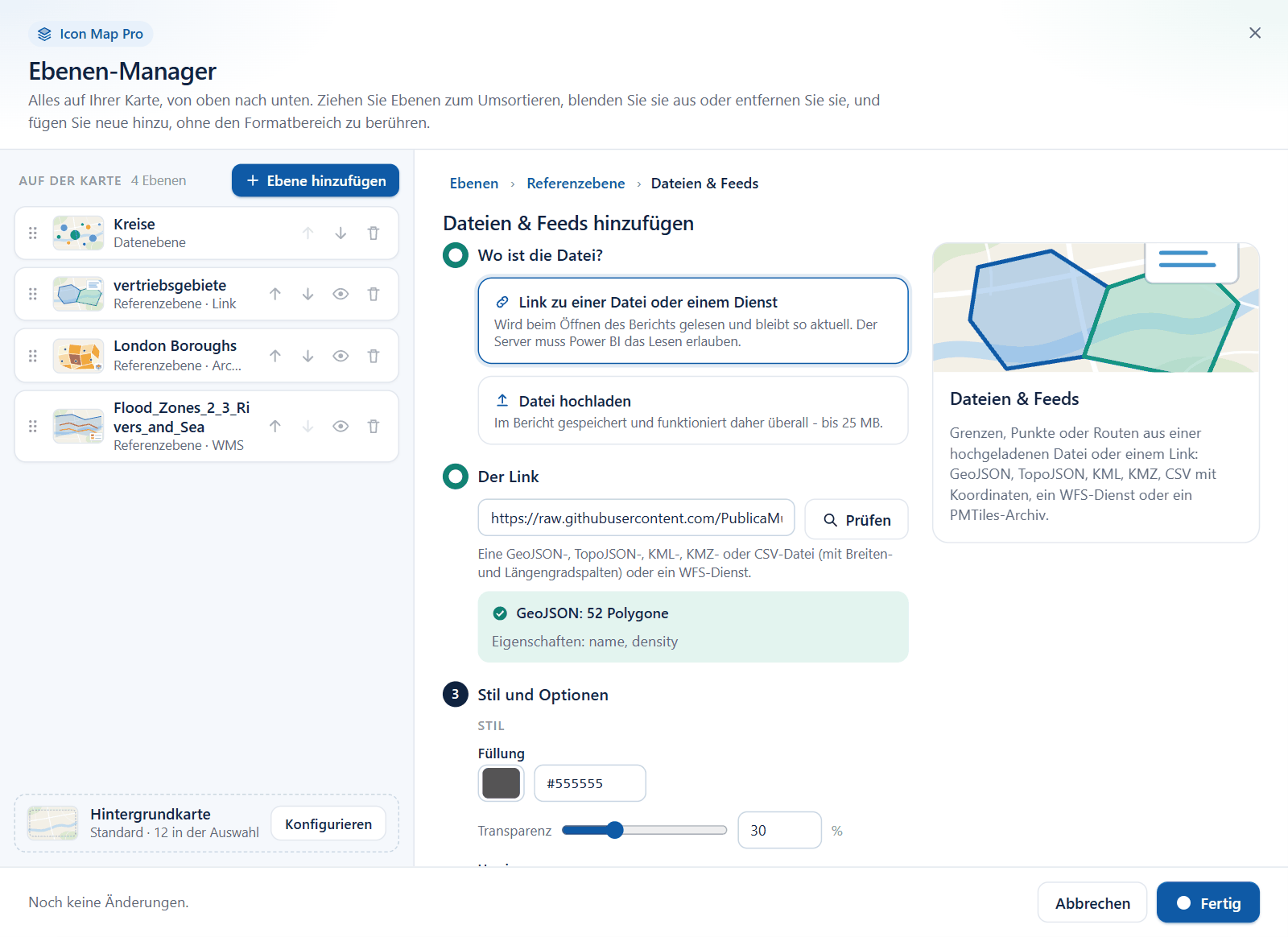 Der Assistent Dateien und Feeds des Ebenen-Managers nach einer Linkprüfung mit Format, Anzahl der Features und Eigenschaftsnamen