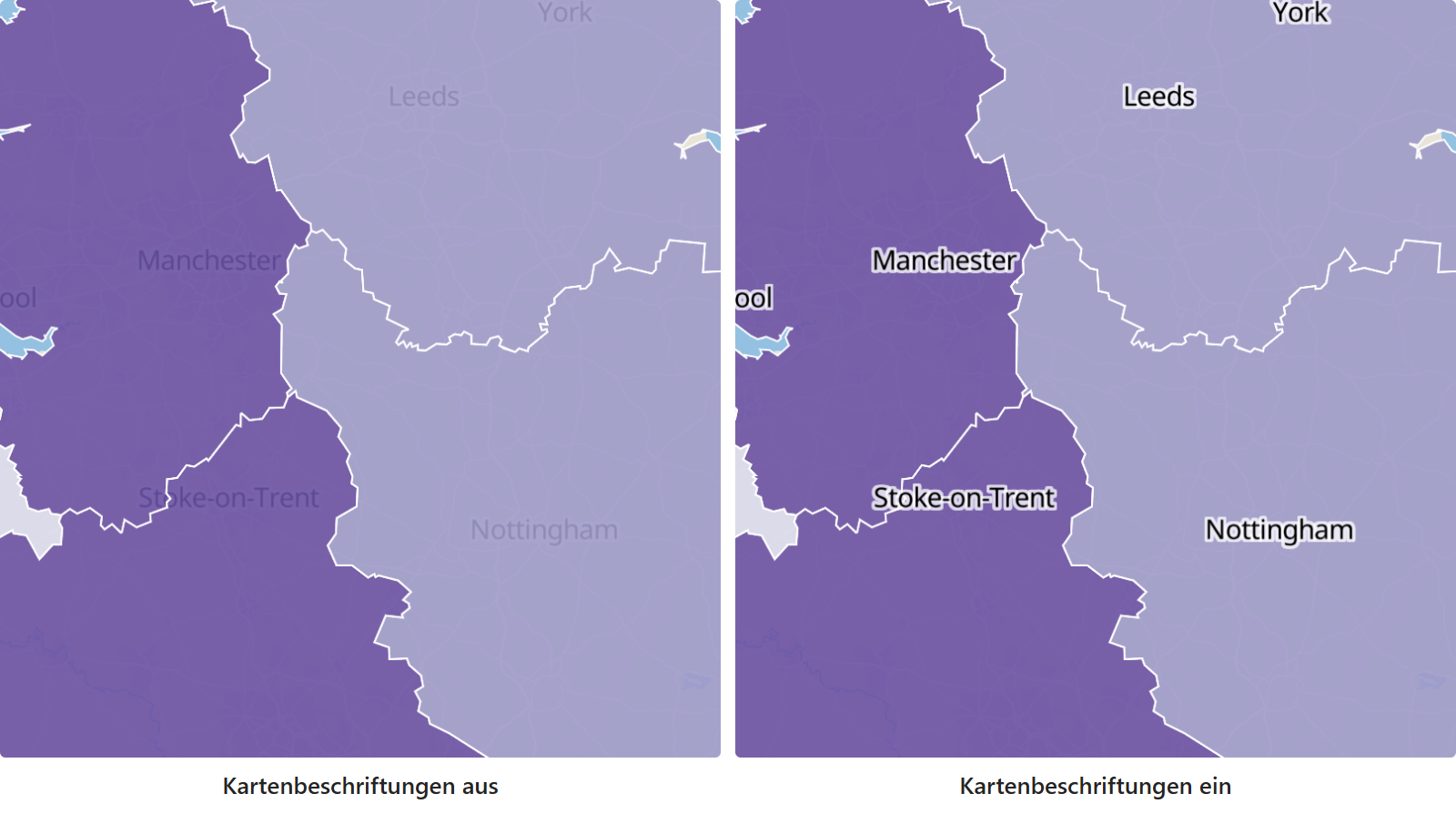 Zwei Karten derselben gefüllten Regionen nebeneinander: Links sind die Ortsnamen unter der Füllung verborgen, rechts zeichnet Kartenbeschriftungen sie darüber