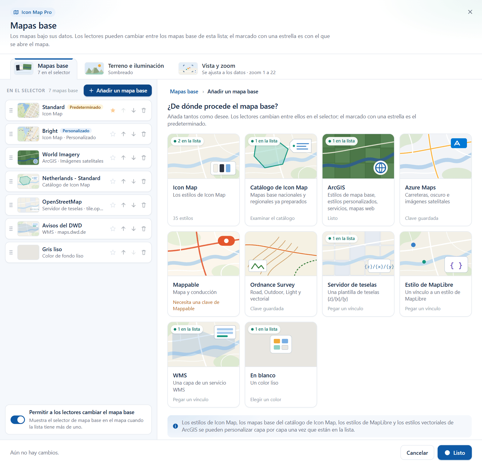 La pantalla para añadir con diez mosaicos de proveedores: Icon Map, Catálogo de Icon Map, ArcGIS, Azure Maps, Mappable, Ordnance Survey, Servidor de teselas, Estilo de MapLibre, WMS y En blanco