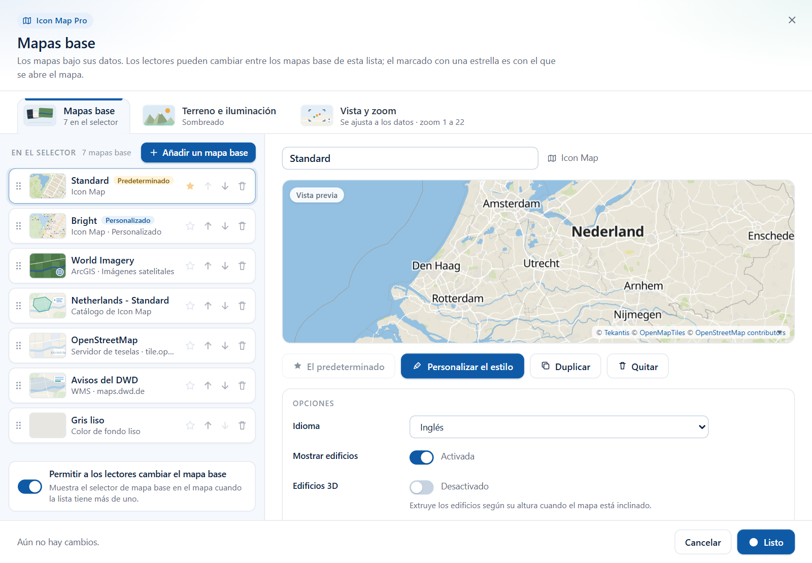 El cuadro de diálogo Mapas base con una lista de siete mapas base a la izquierda y una vista previa del mapa base seleccionado a la derecha