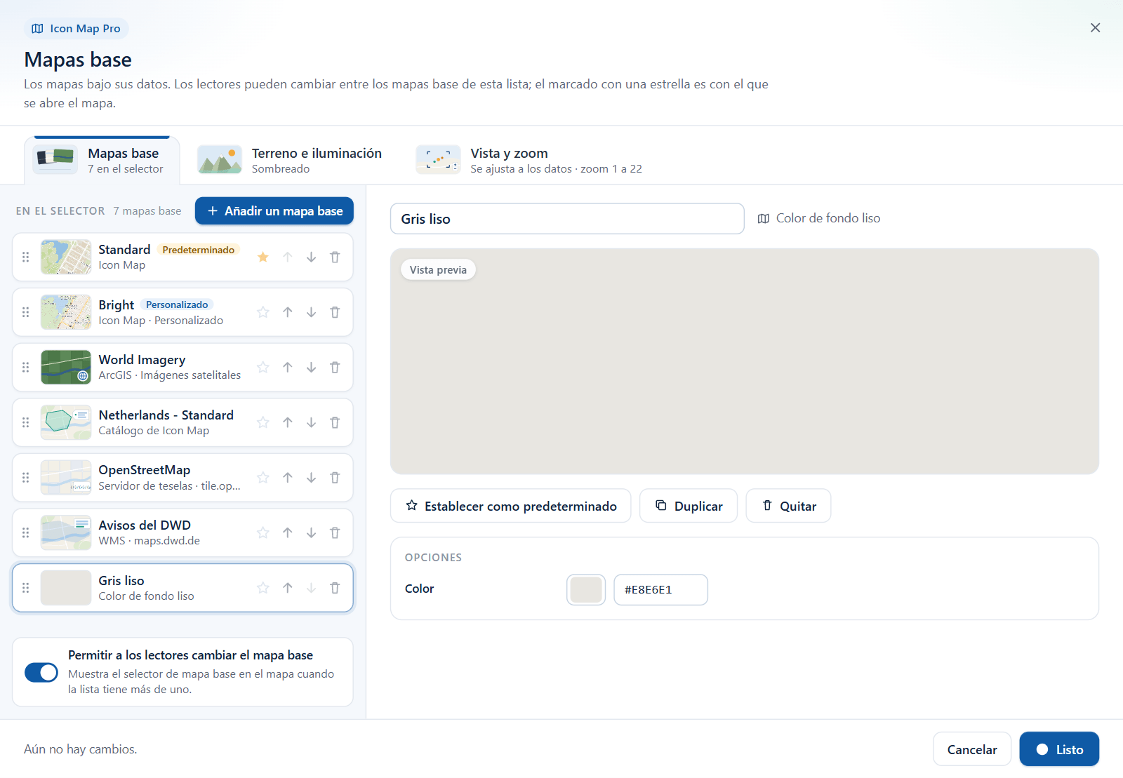 El formulario En blanco del cuadro de diálogo Mapas base con un selector de color