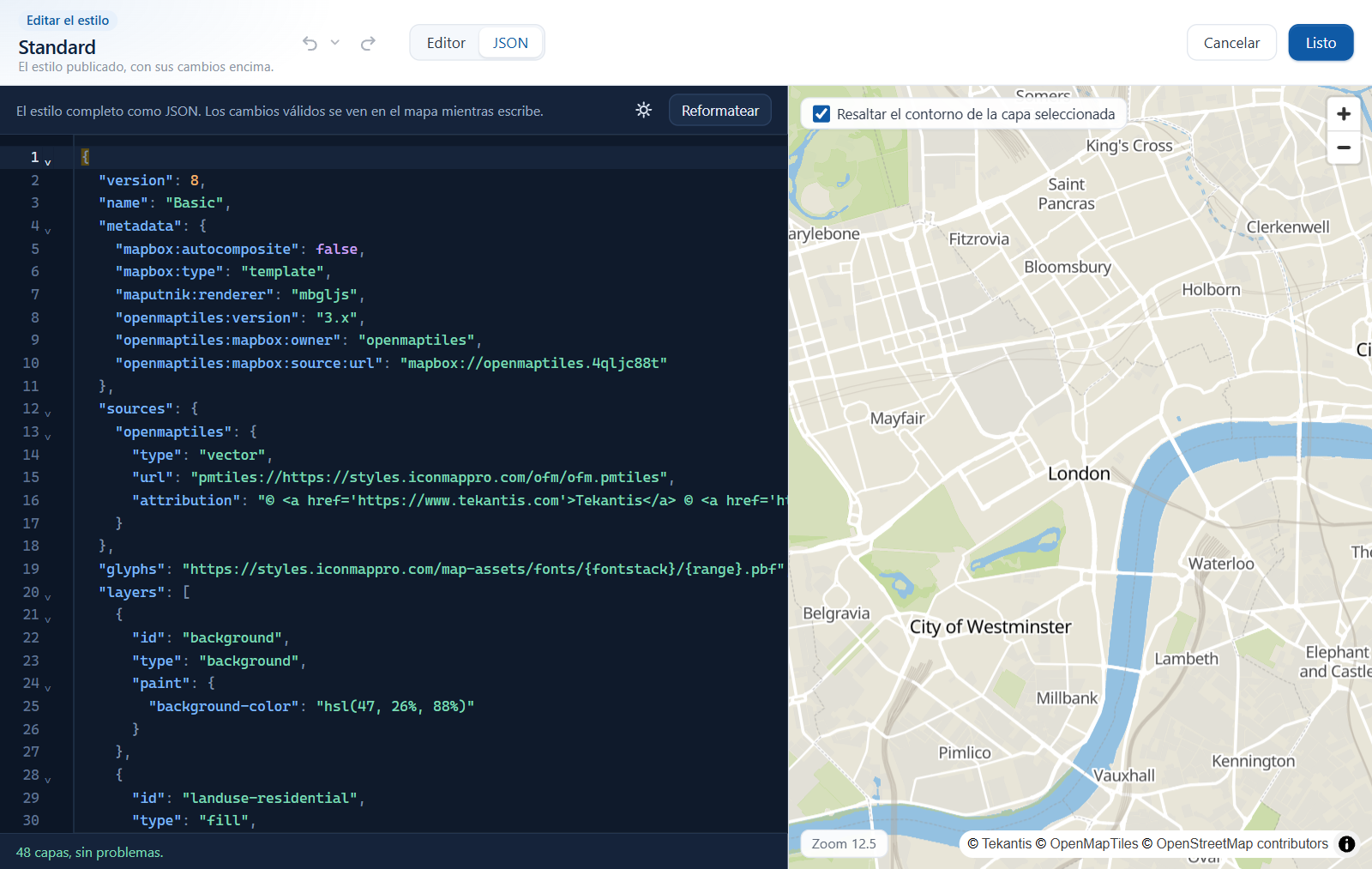 La vista JSON de un estilo con números de línea y la vista previa en directo al lado
