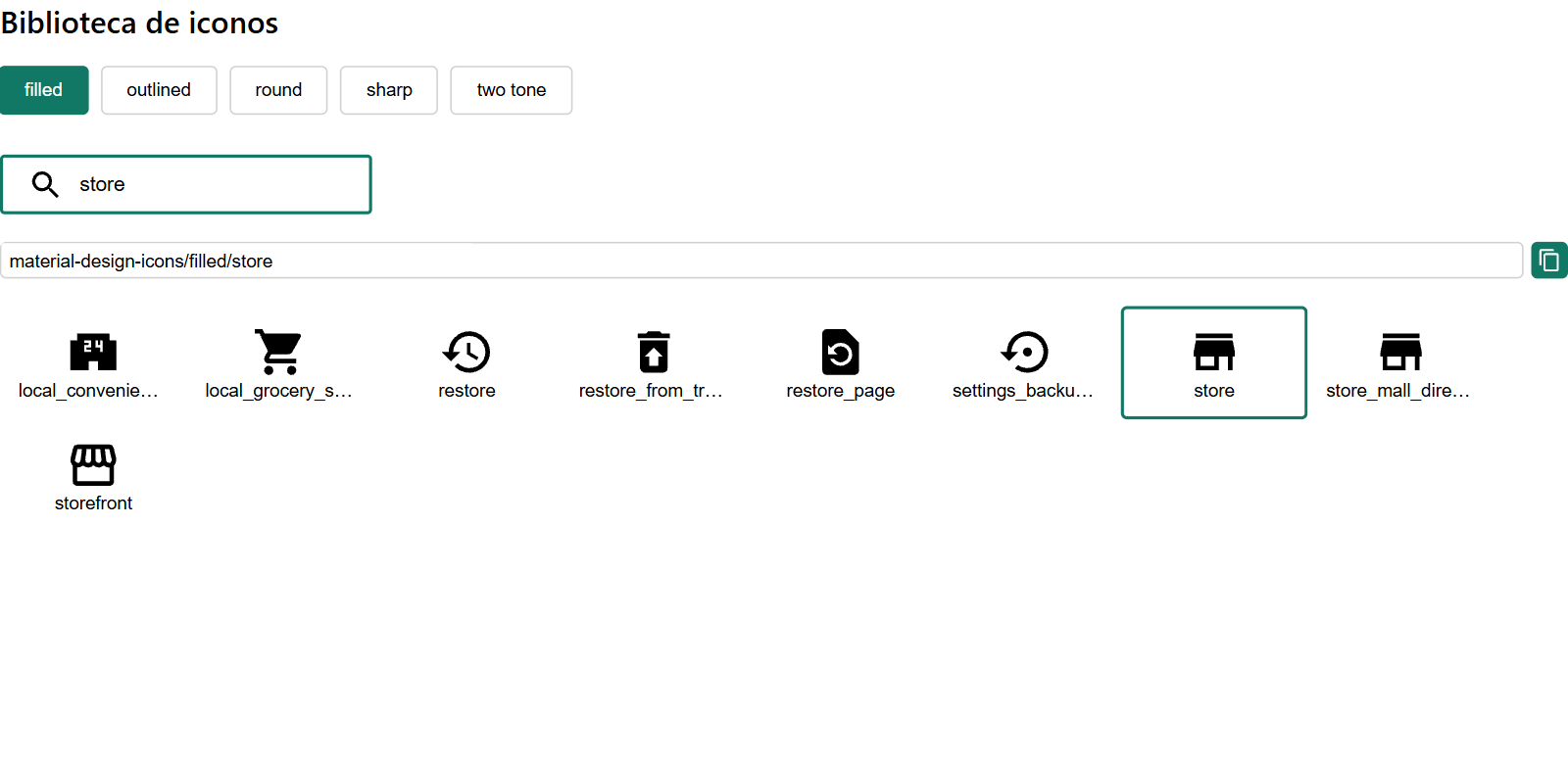 El cuadro de diálogo de la biblioteca de iconos con resultados de búsqueda