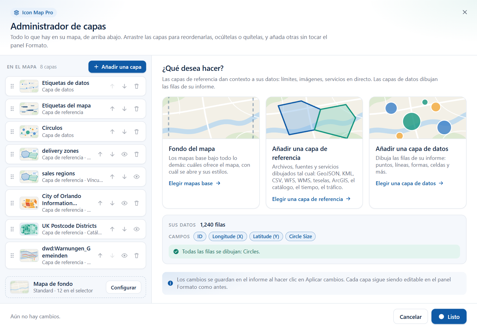 El cuadro de diálogo Administrador de capas con la lista de las capas de un mapa, y la vista de inicio que ofrece añadir una capa de referencia o una capa de datos