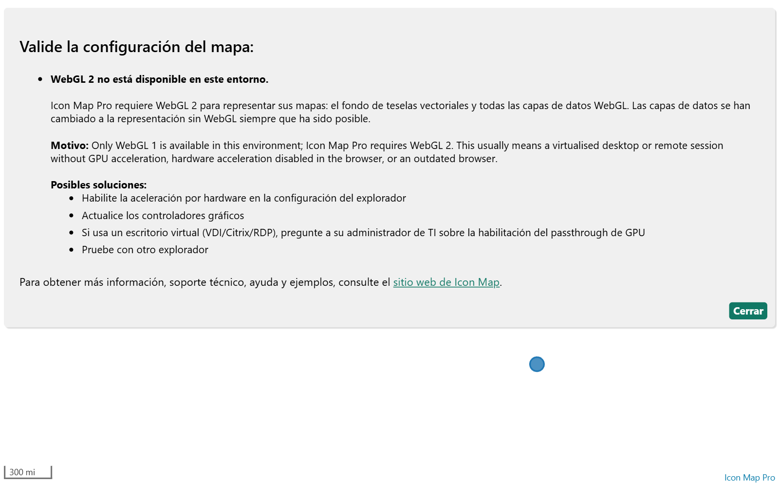 El mensaje que aparece en el mapa cuando WebGL 2 no está disponible, con su lista de posibles soluciones