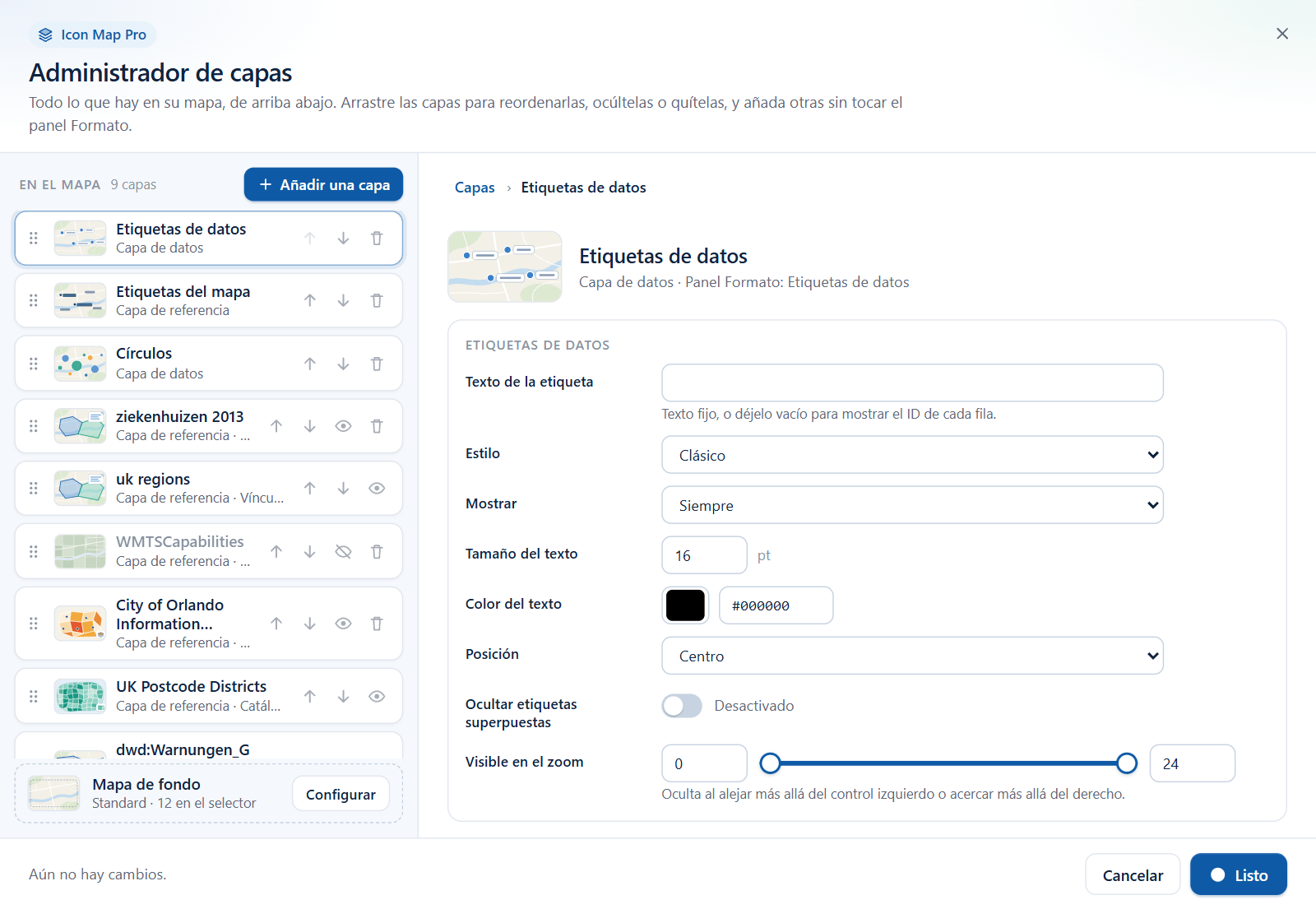 El Administrador de capas con la fila Etiquetas de datos seleccionada y su editor abierto a la derecha