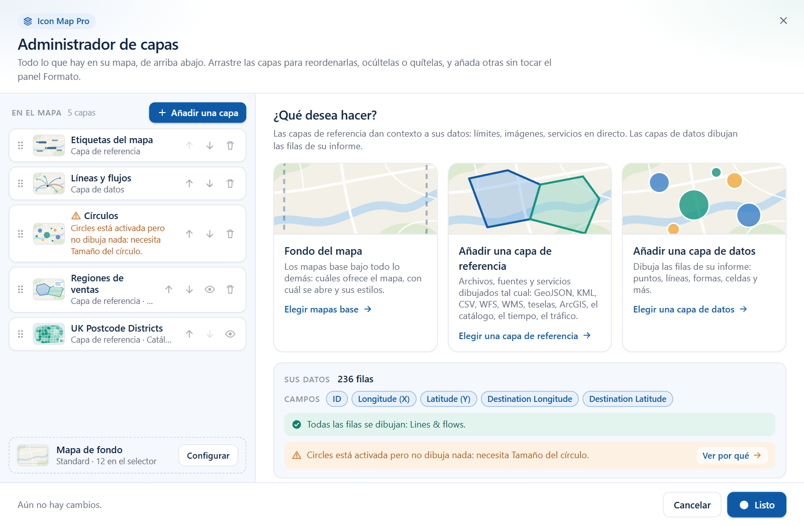 La lista del Administrador de capas con un icono de advertencia en una capa de datos que está activada pero no dibuja nada, y la línea correspondiente en el panel Sus datos