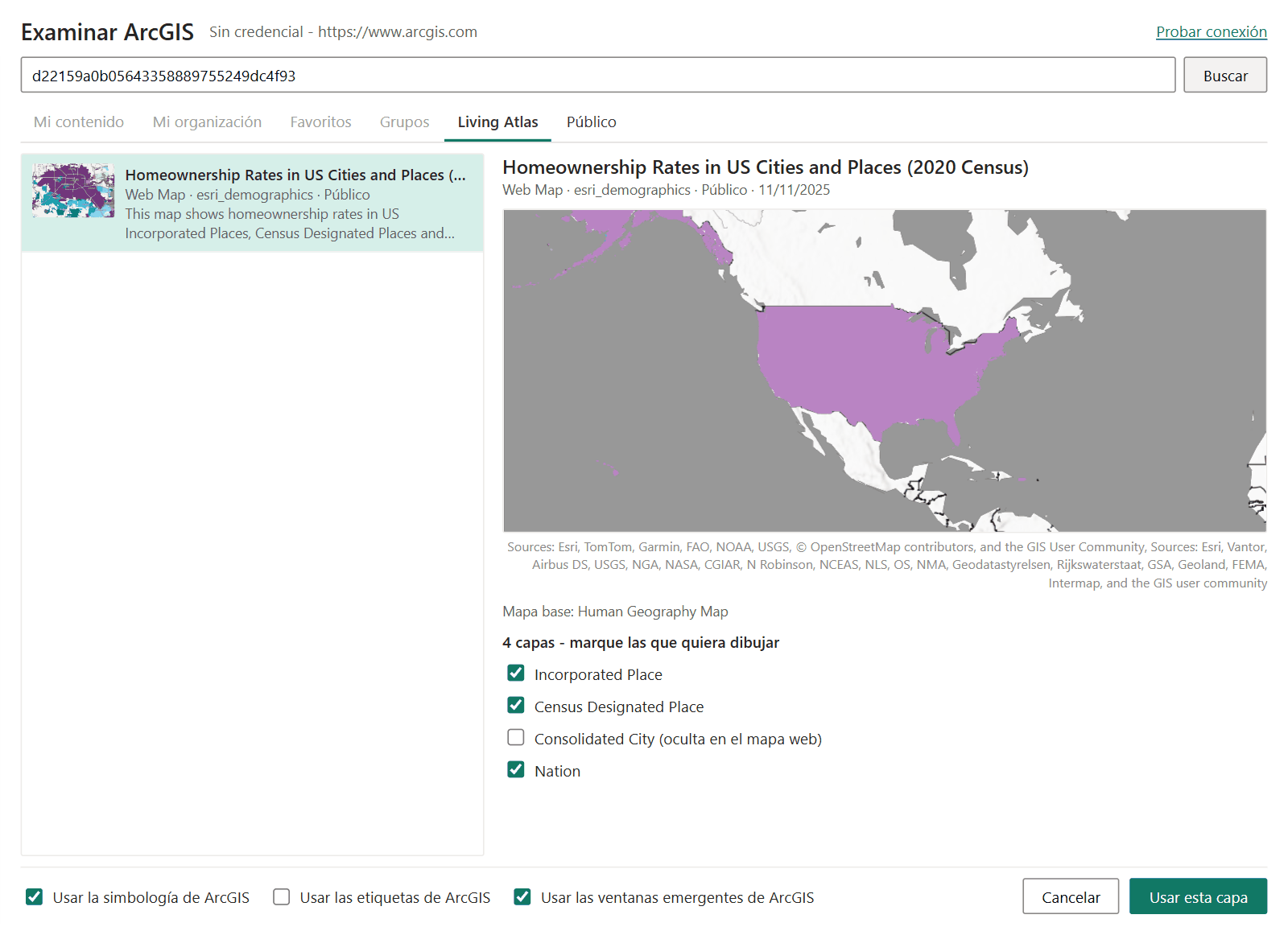 La ventana Examinar ArcGIS con la vista previa de un mapa web y una casilla para cada una de sus capas