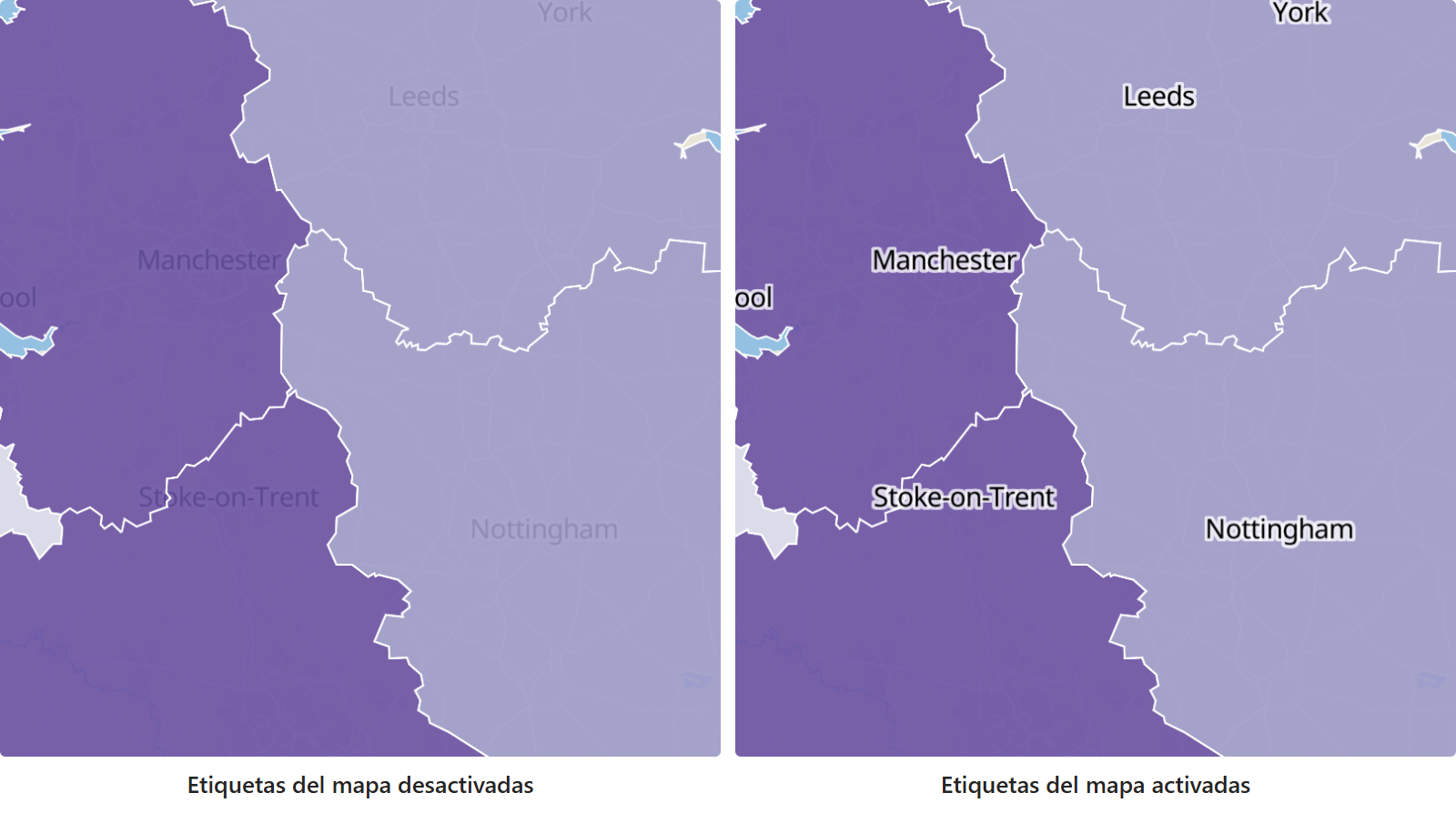 Dos mapas de las mismas regiones con relleno, uno junto al otro: a la izquierda los nombres de las ciudades quedan ocultos bajo el relleno, a la derecha Etiquetas del mapa los dibuja encima