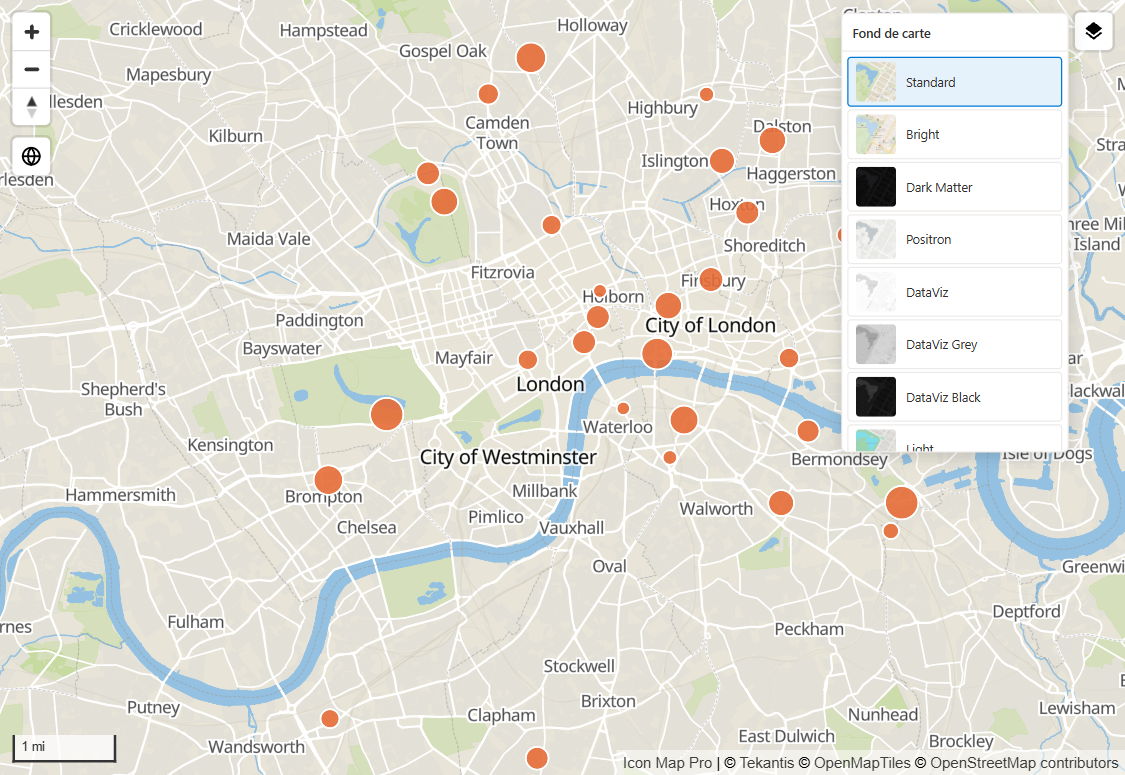 Une carte avec le panneau Fond de carte ouvert, répertoriant les styles Icon Map
