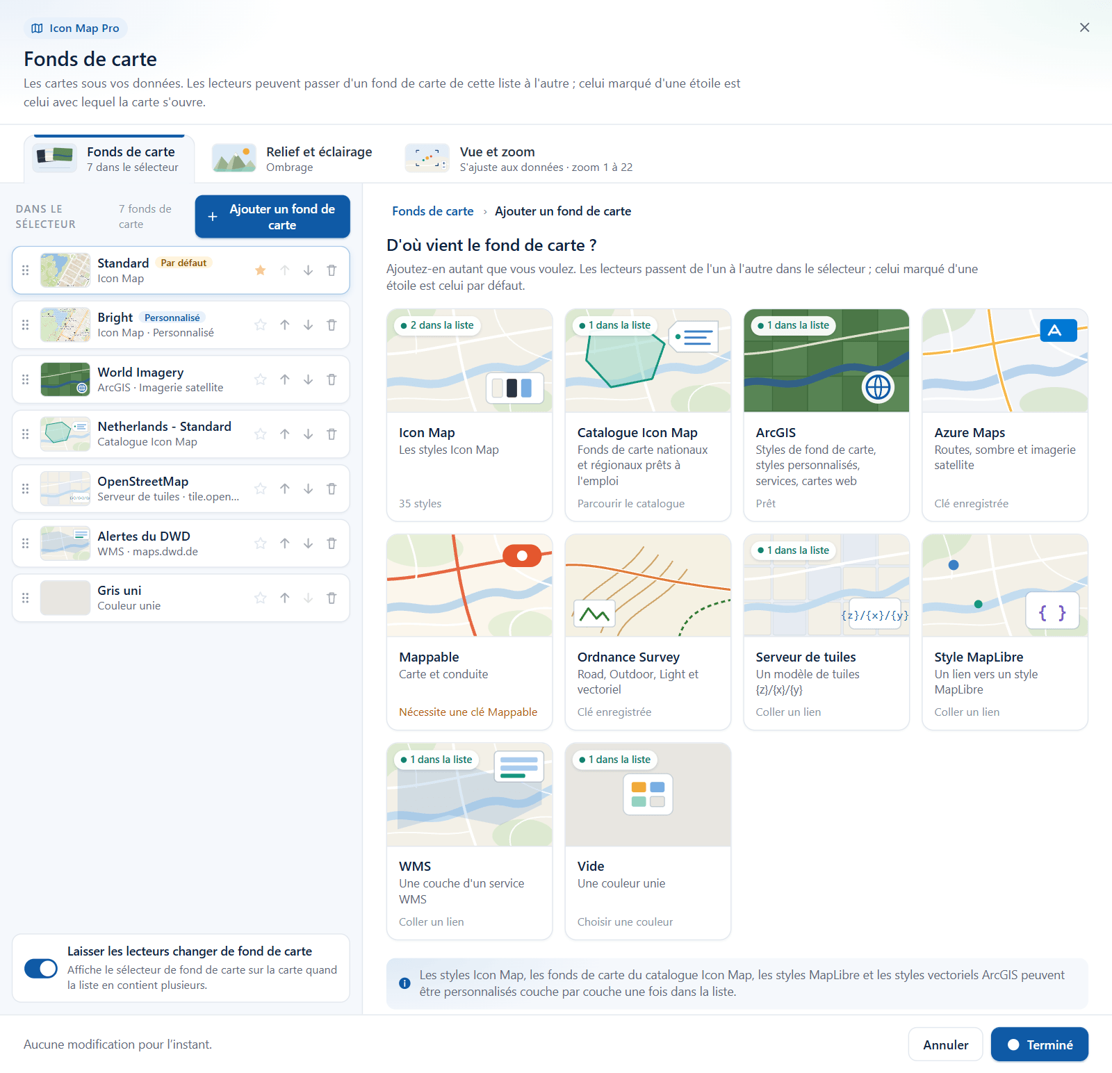 L'écran d'ajout avec dix vignettes de fournisseur : Icon Map, Catalogue Icon Map, ArcGIS, Azure Maps, Mappable, Ordnance Survey, Serveur de tuiles, Style MapLibre, WMS et Vide